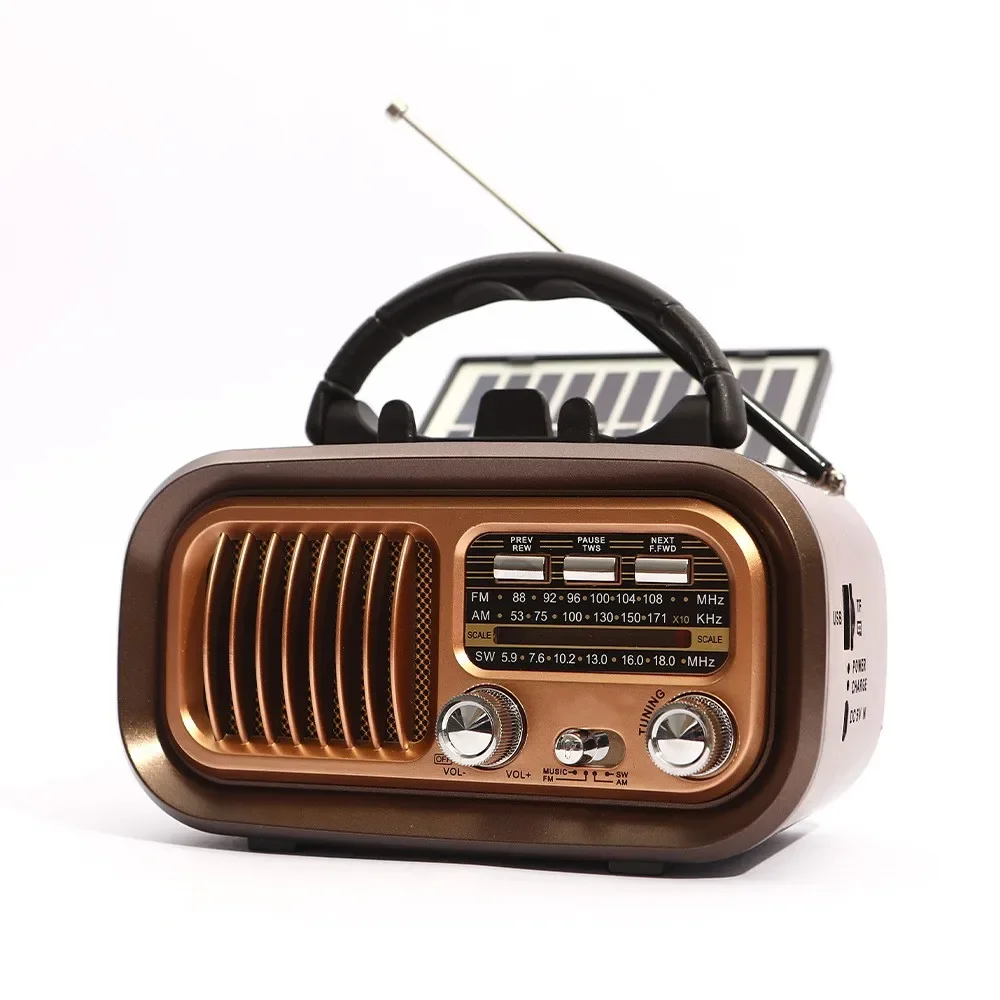 AM FM Radio Operated By USB Cable/Solar Panels Rechargeable Excellent Reception Portable Multi-function Retro Speaker