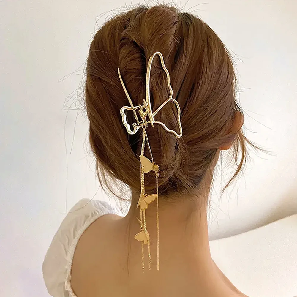 Elegant Hollow Butterfly Tassel Shark Clips Grab Large Metal Cross Hair Claws Women Girls Strong Hold Jaw Clip Summer Headwear