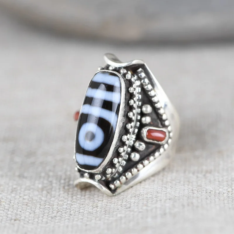 

Кольцо из бисера Dzi, регулируемое, серебро S925, винтажные этнические тибетские украшения унисекс