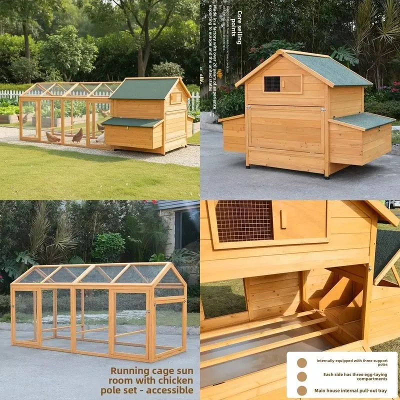 Solid Wood Rectangular Chicken Coop Outdoor Pet House Rain Sun Protection for Patio Balcony Farm