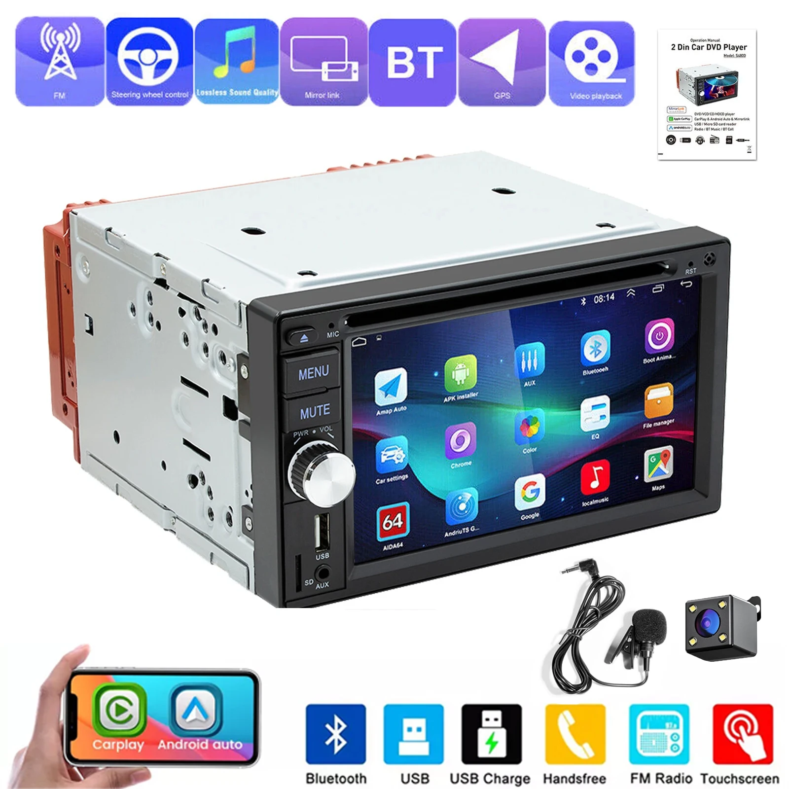 MOPECT 6.2 Inch Draadloze Carplay Android Auto Dubbele 2 DIN Autostereo Radio CD DVD Speler AUX FM Bluetooth USB MP5 Mirror Link