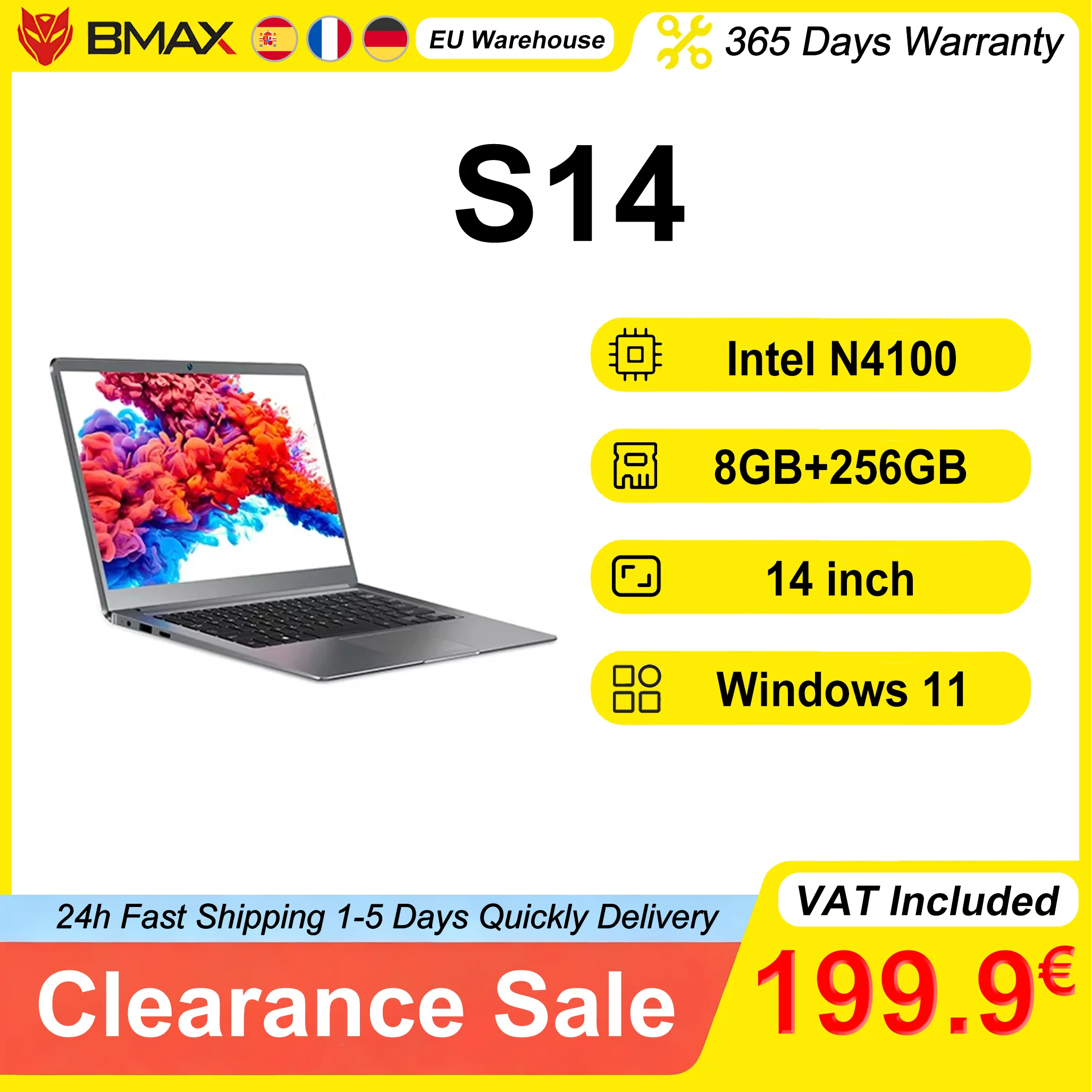 BMAX S14 Intel N4100 14 inch laptop, 8GB RAM, 256GB SSD, 1920*1080, Windows 11, Notebook, USB laptop, PC, Dual Wifi