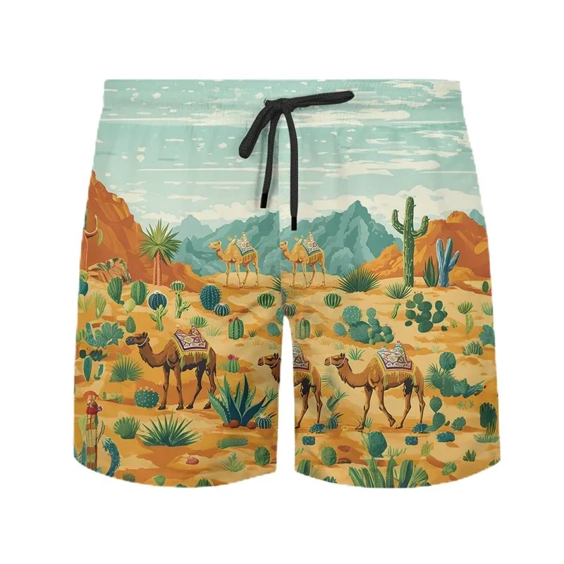 2024 NEW Funny Camel 3D Printed Short Pants For Men Clothes Cartoon Colourful Animal Beach Shorts Desert Cactus Trunks Hawaiian