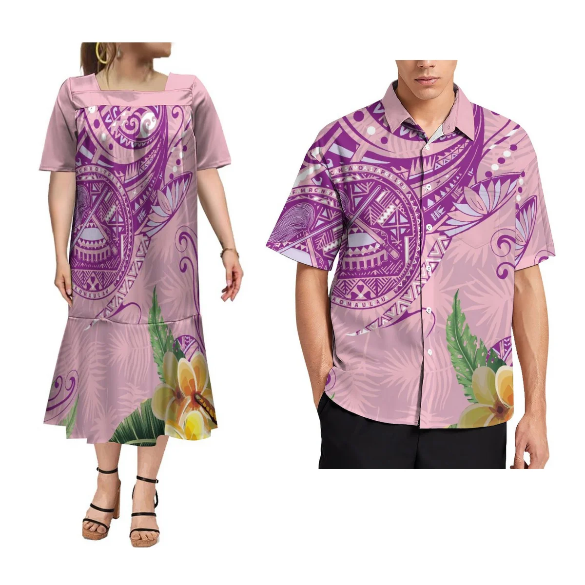 

Polynesia Couple Matching Latest Mumu Samoa Women Dress Square Neck Ruffle Design Custom Men Shirts Hawaii