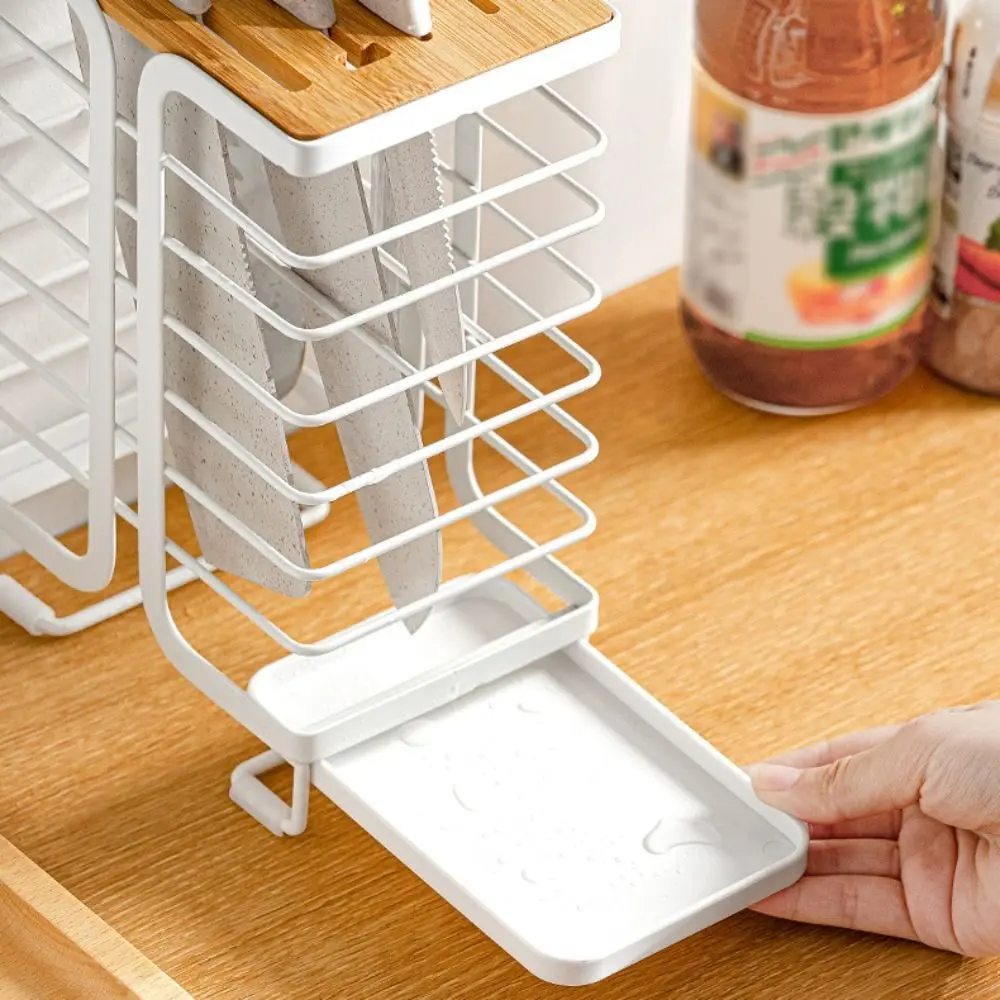 Multiple Slots Kitchen Cutter Holder with Drain Tray Ventilated Kitchen Cutter Organizer Metal Stable Cutter Storage Rack