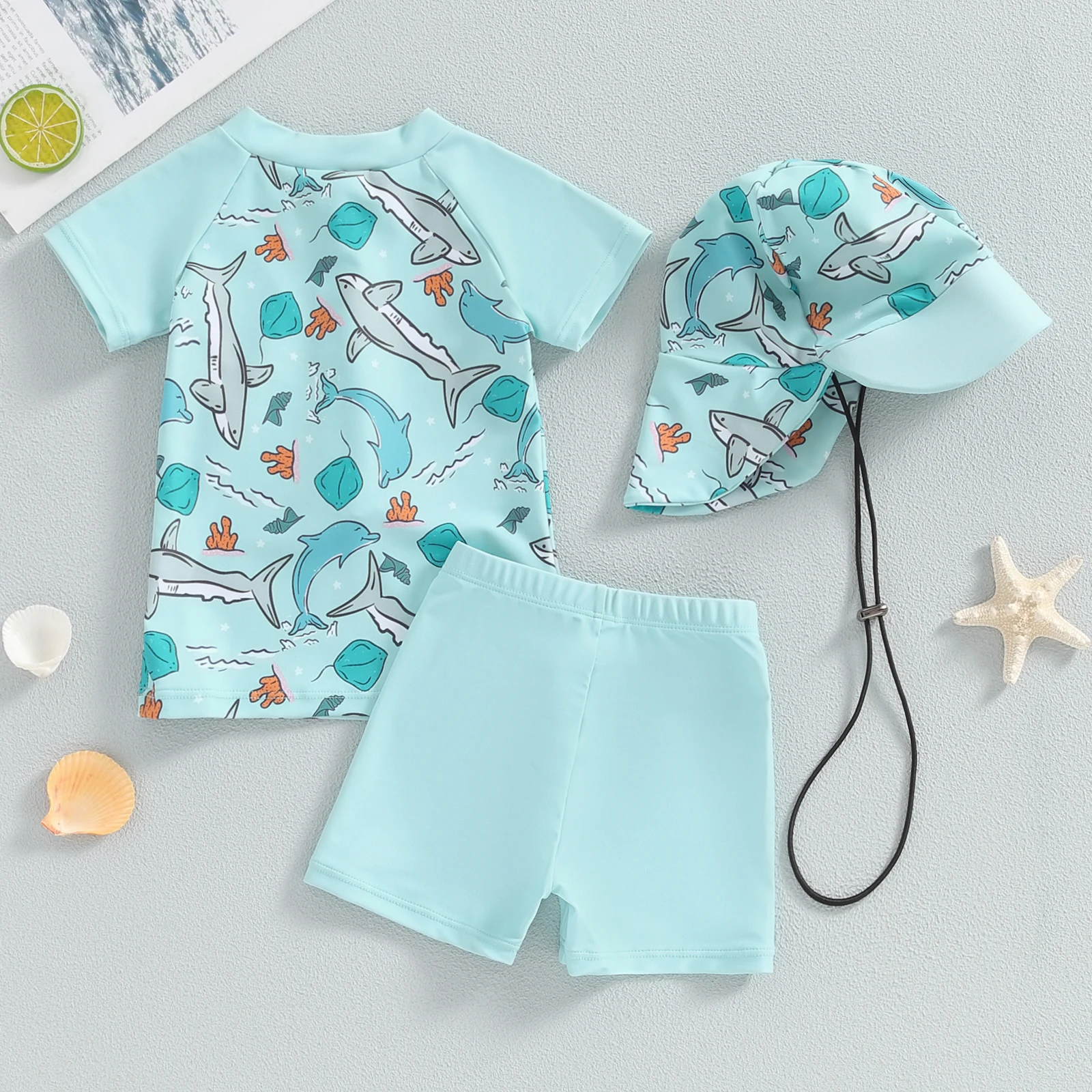 Baby Boys Swimsuit Set Summer Shark Print Zipper Short Sleeve Rash Guard and Swim Trunks and Hat Swimwear Beachwear