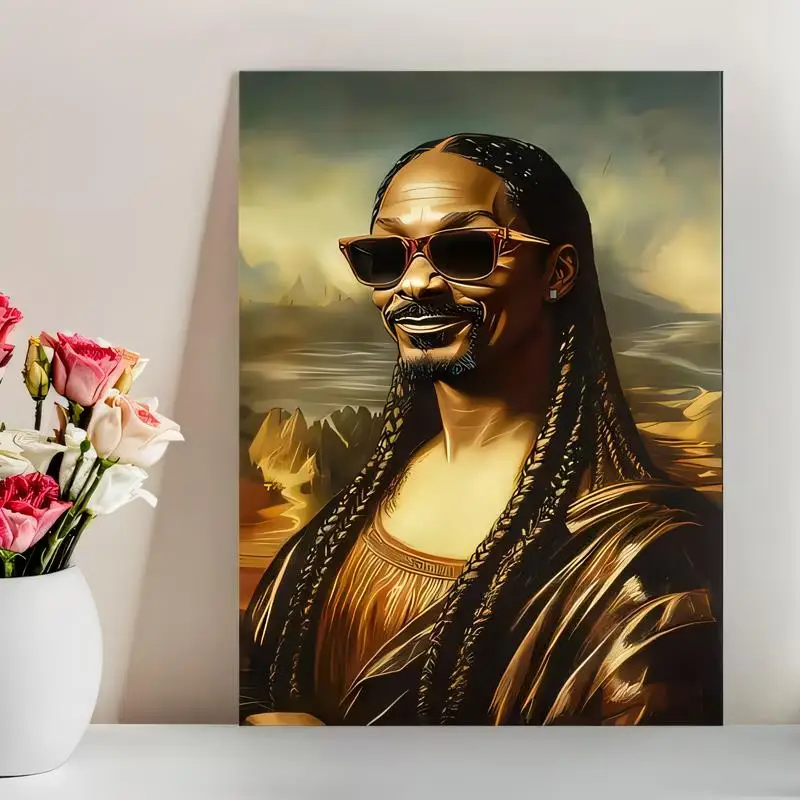 2D Printed Mona Lisa - Style Pop Art Metal Tin Painting, Iron Wall Art with Braids & Sunglasses, Golden Retro Landscape Design f