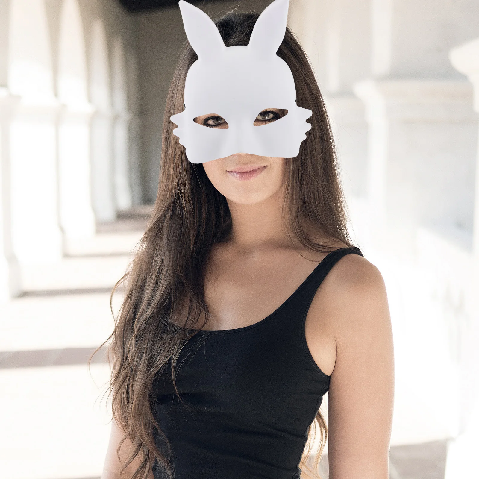 2 pezzi maschera di coniglio bianco mezza faccia vuota pittura in PVC fai da te coniglietto di Halloween accessorio per costume maschera di coniglio in PVC