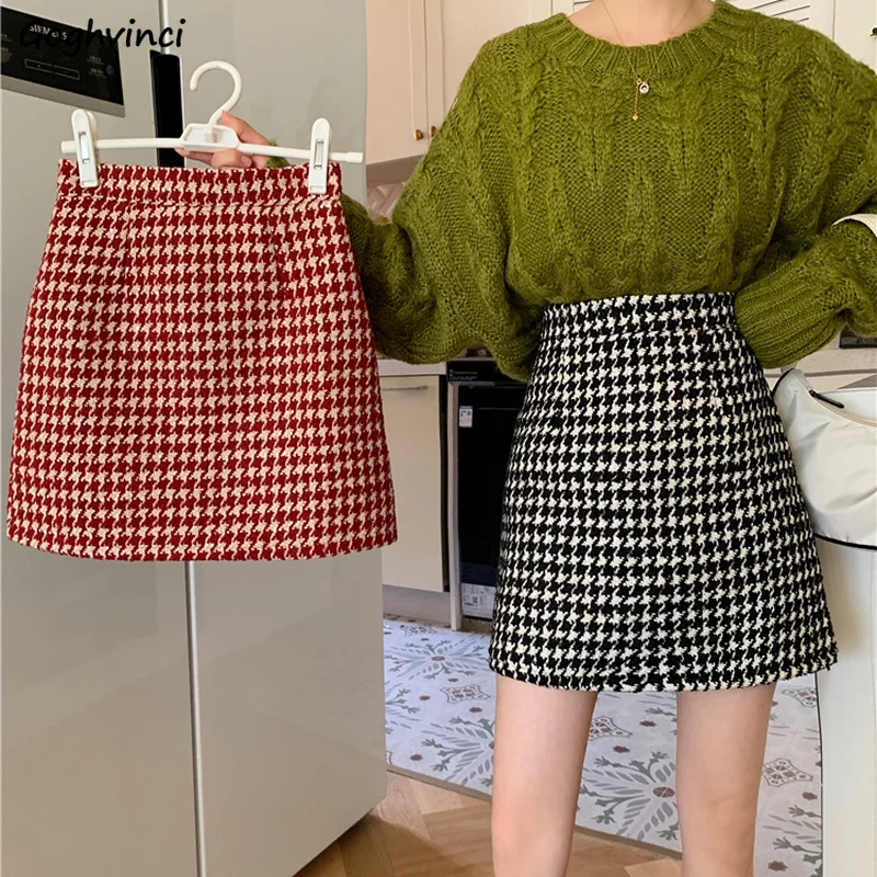 

Mini Skirts Women Sweet Houndstooth A-line Zipper Vintage Kawaii Winter All-match Y2k Trendy Faldas Newest Friends French Style