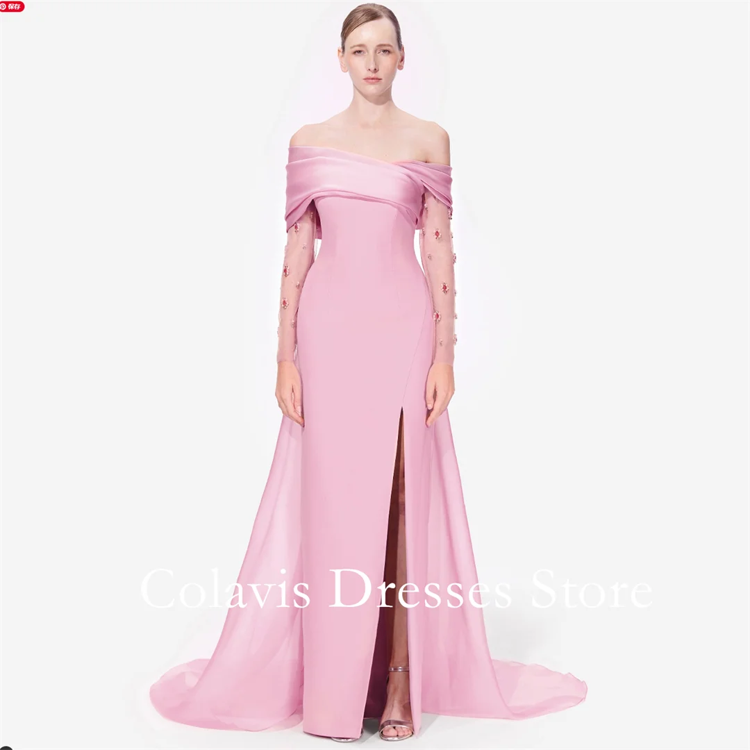 

Colavis Fashion Off-Shoulder Customized 2024 New Women's Maxi Crepe Satin Prom Dress Long Sleeves Celebrity Vintage Party Dress