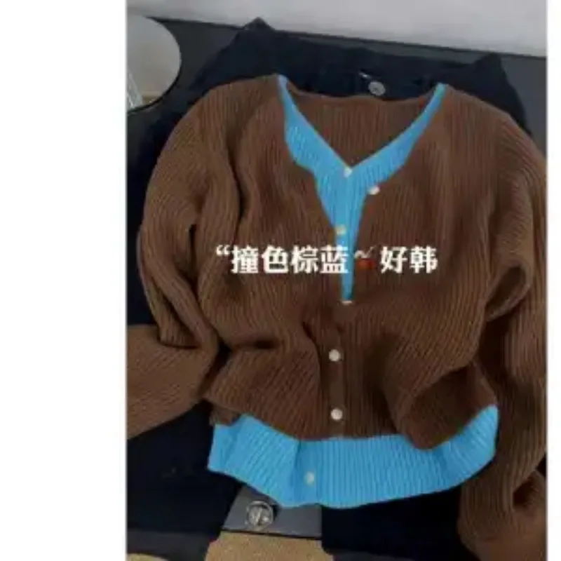 

Поддельный вязаный кардиган контрастного цвета из двух частей, осенне-зимний универсальный свитер с v-образным вырезом в корейском стиле