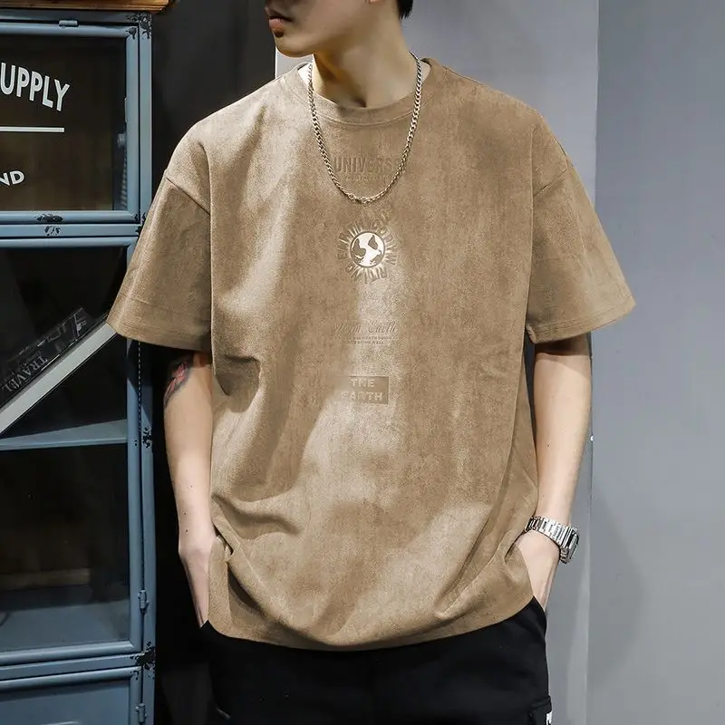 Large suede t-shirt with double-sided printed western-style trend casual round neck letter men's T-shirt