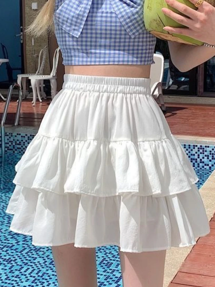 

Summer White Mini Skirts For Women Korean Ladies High Waist Irregular Drawstring Pleated Skirt Girly All-Match Short Skirts