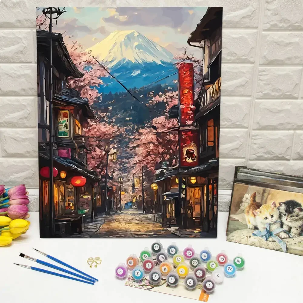 لوحة زيتية رقمية منزل شجرة الشارع الجبلية رسم يدوي بالأرقام مشهد المناظر الطبيعية طلاء أكريليك على قماش ديكور المنزل Gi