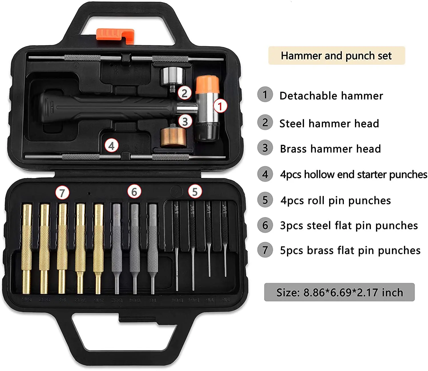 Punch Set with Bench Block Punch Set Including Roll Flat Pin Punch Set and Magnetic Bench Block Hammer with Detachable Heads