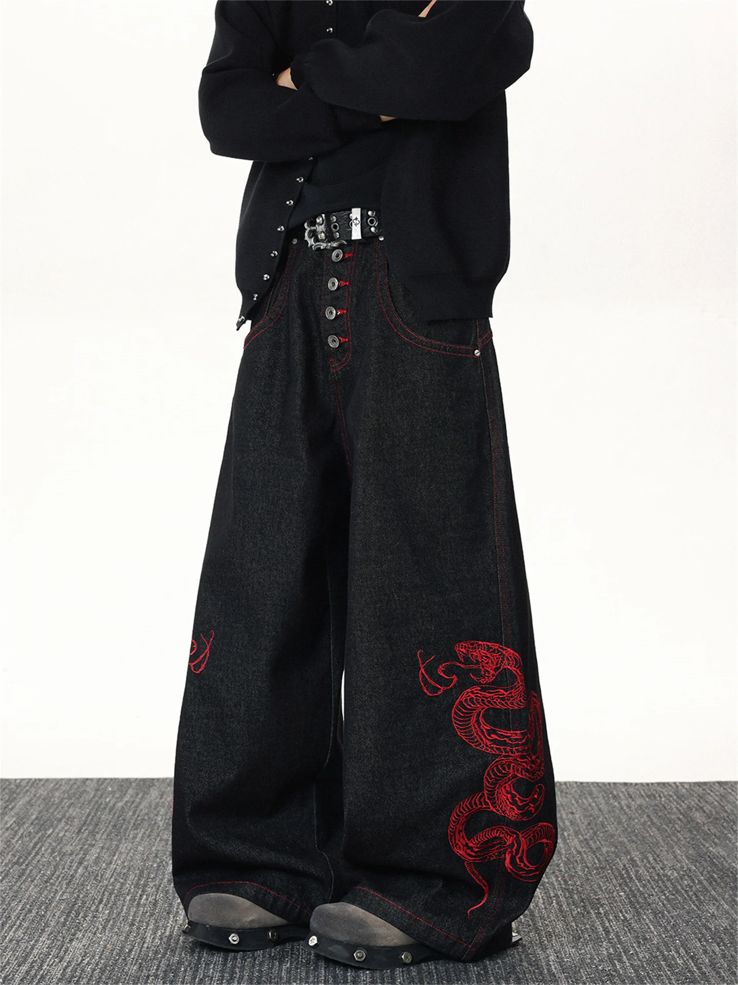 

Bla Heavy Embroidery Knife Men's Jeans Street Hiphop Loose Wide Leg Long Pants Casual Straight Cut Loose Fit Jeans