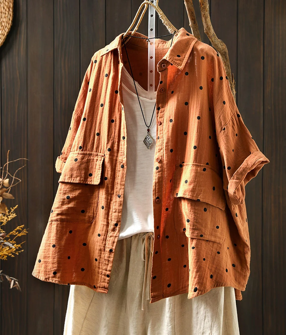 Two Layer 100% Cotton Yarn Polka Dots Shirts Women Turn Down Collar Dot Shirts Button Up Tops Korean Autumn Cardigan