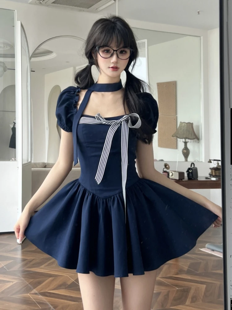 

Summer 2000s Aesthetic Short Sleeve Frocks Mori Girl French Vintage Mini Square Collar Dress Women Preppy Party One-Piece Cute