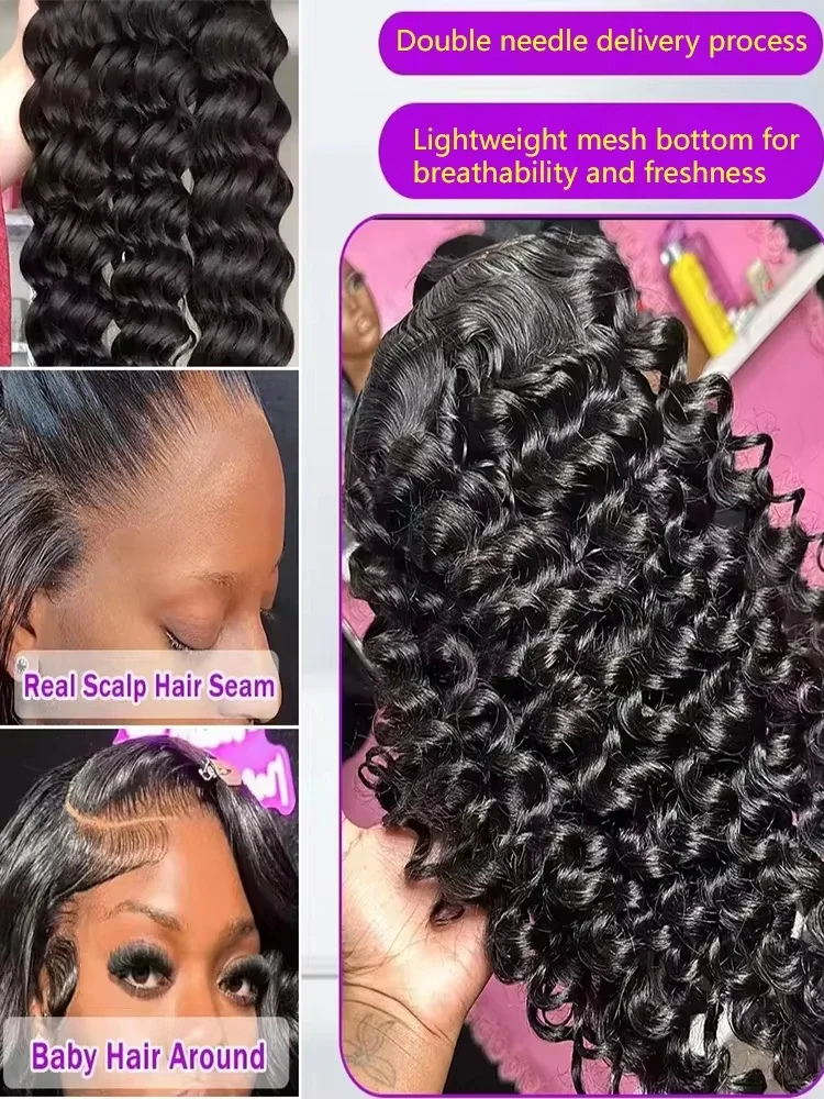 Perruque Lace Frontal Wig naturelle bouclée, cheveux humains, Deep Wave, 40 pouces, 13x6, 13x4, HD, transparente, densité 220, pre-plucked, pour femmes