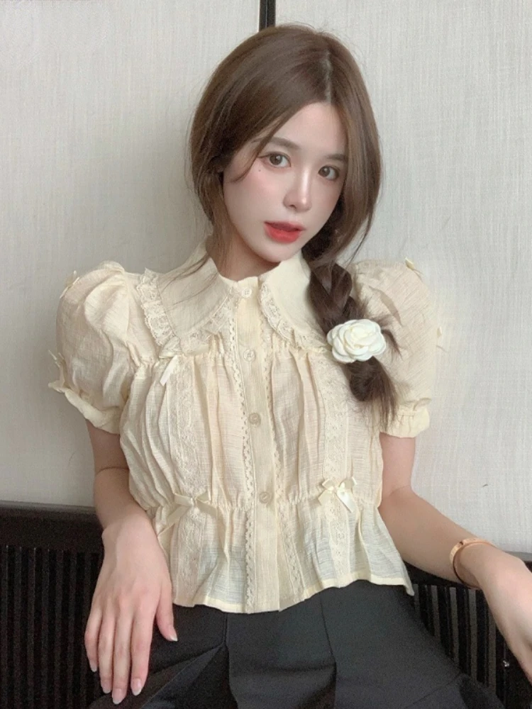 Sweet Blouses Women Lolita Style Kawaii Bow Puff Short Sleeve Crop Tops Girls French Lace Peter Pan Collar Shirt Summer Clothes