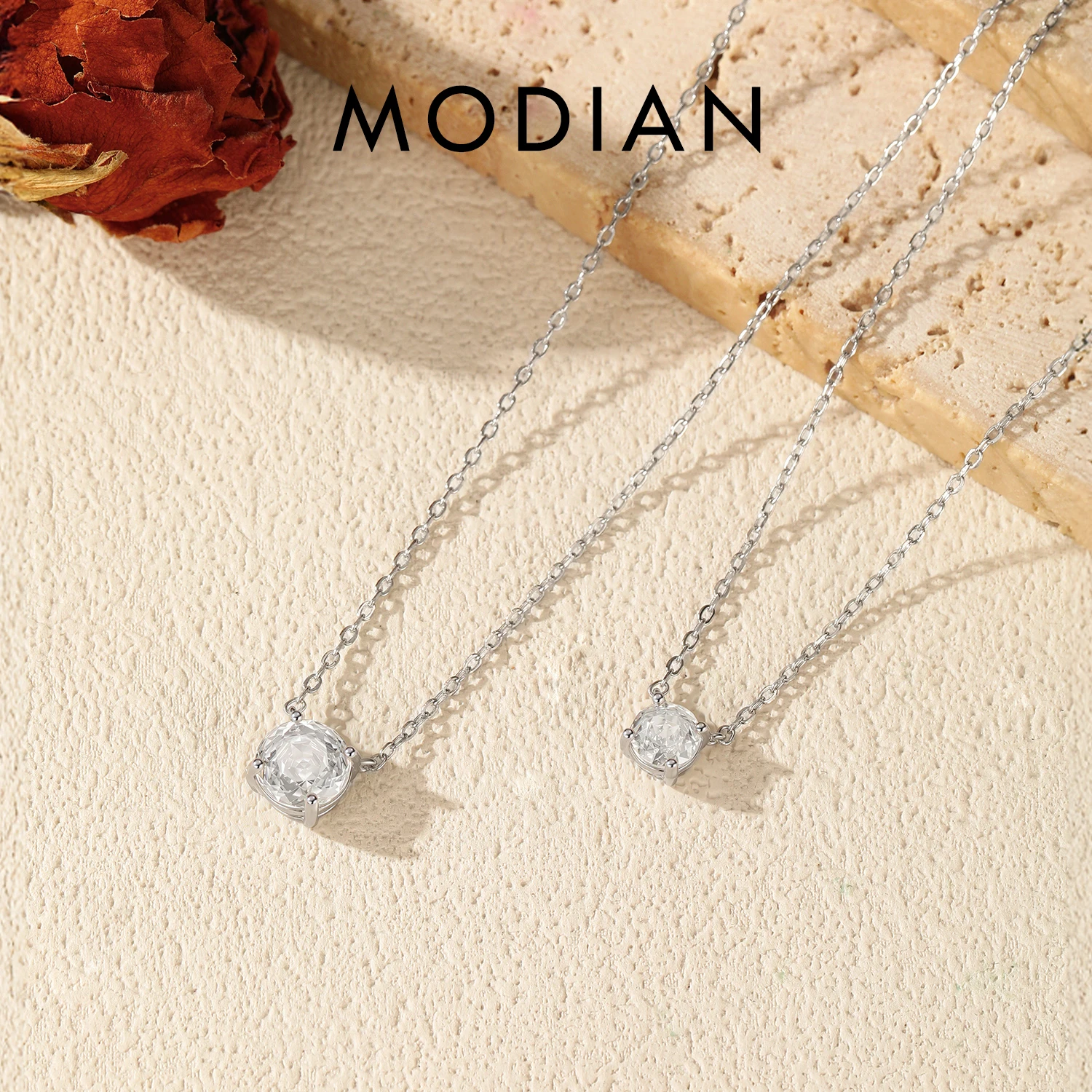 

MODIAN 925 Sterling Silver Classic Round Rose Cut Clear Cubic Zirconia Link Chain Pendant Necklace For Women Fine Jewelry