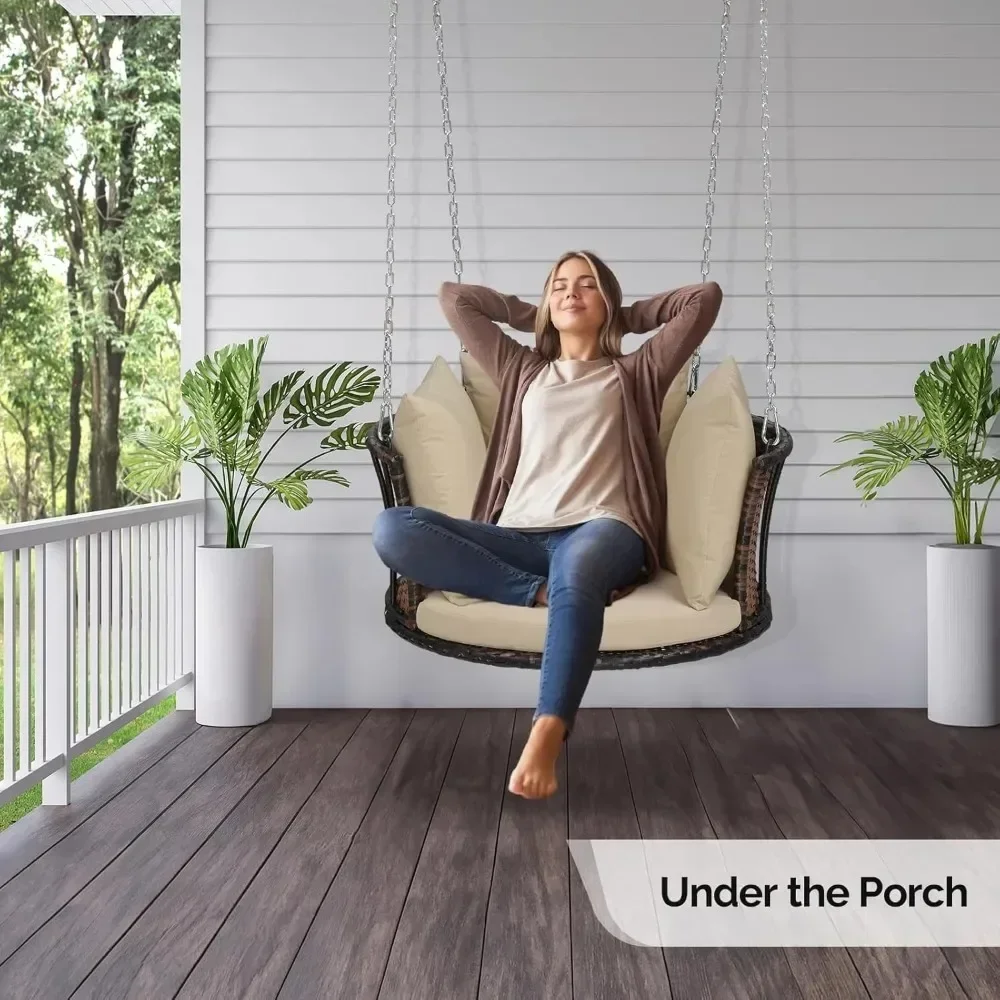 

2.4ft Round Rattan Porch Swing, Outdoor Support 440lbs, with Cushion and Adjustable Chain, Patio Wicker Swing Bench