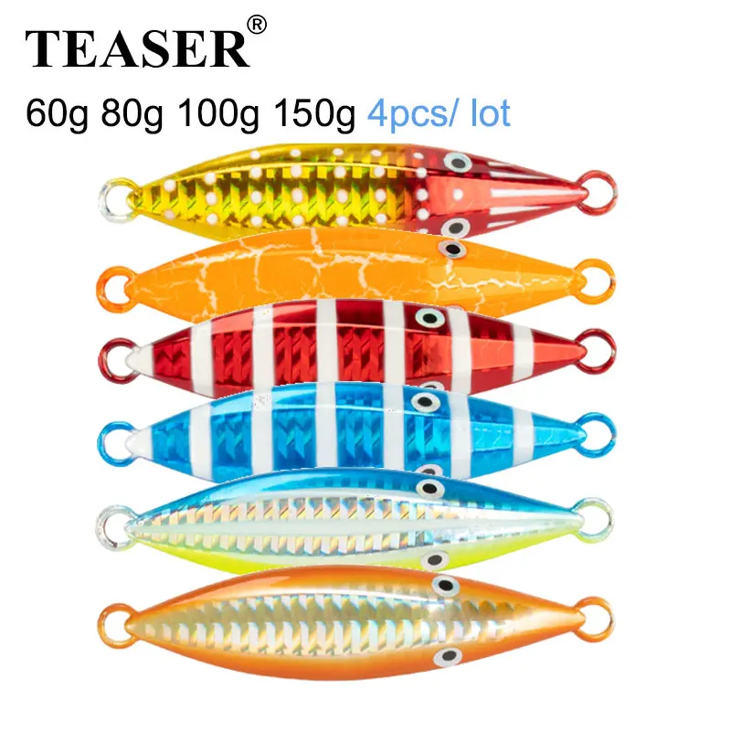 TEASER J105 4pc/lot Micro Slow Sinking Metal Jigs Metal Jig Spoon Pesca Streamlined Shore Slow Jig Lure Saltwater Fish Bass Bait