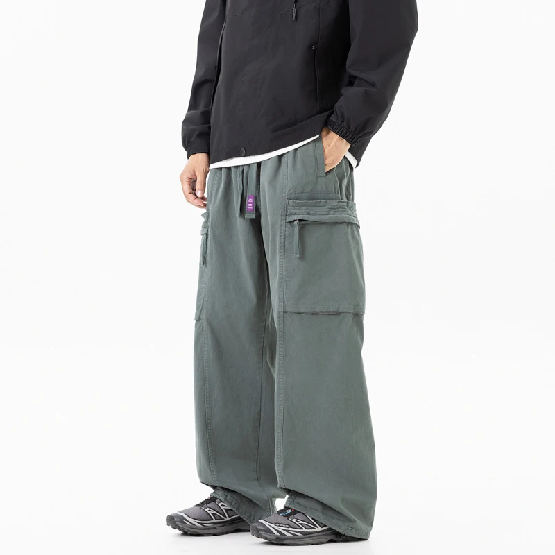 Men's Casual Pants Large Pocket Design Loose Elastic Straight Leg Wide Leg Pure Cotton Solid Color Windproof Work Pants