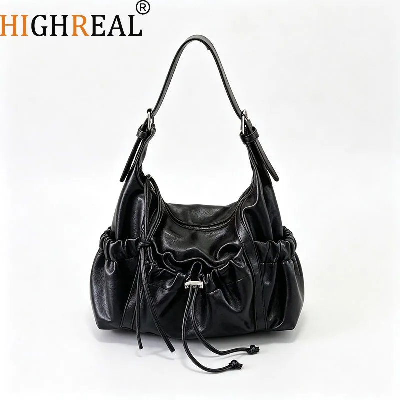 New Vintage Pleated Drawstring Soft Faux Leather Hobo Bag Multi‑Pockets Women Underarm Shoulder Bag Y2K Biker Style Handbag