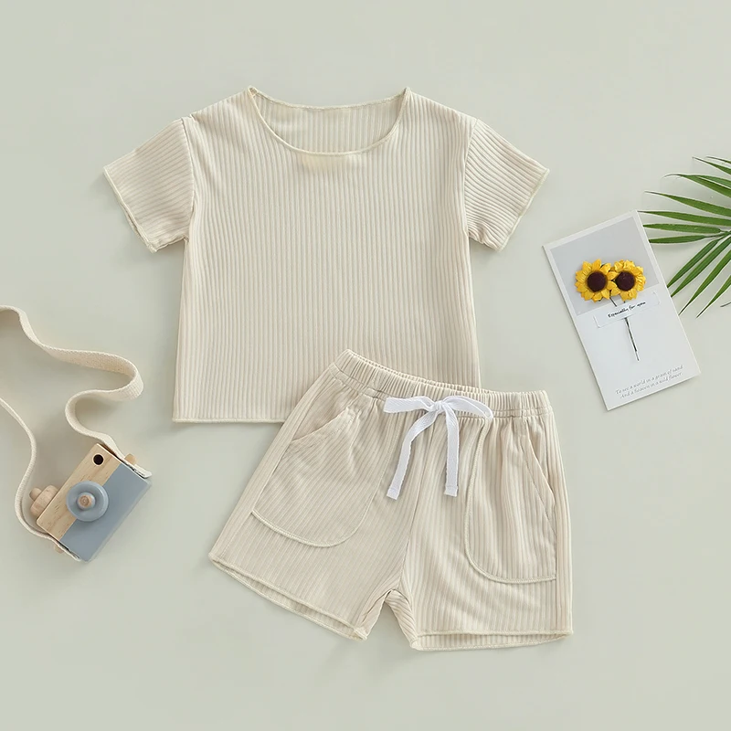 

Infant Boys Girls Summer Clothes Solid Color Short Sleeve T-Shirts Tops Shorts 2Pcs Outfits Set