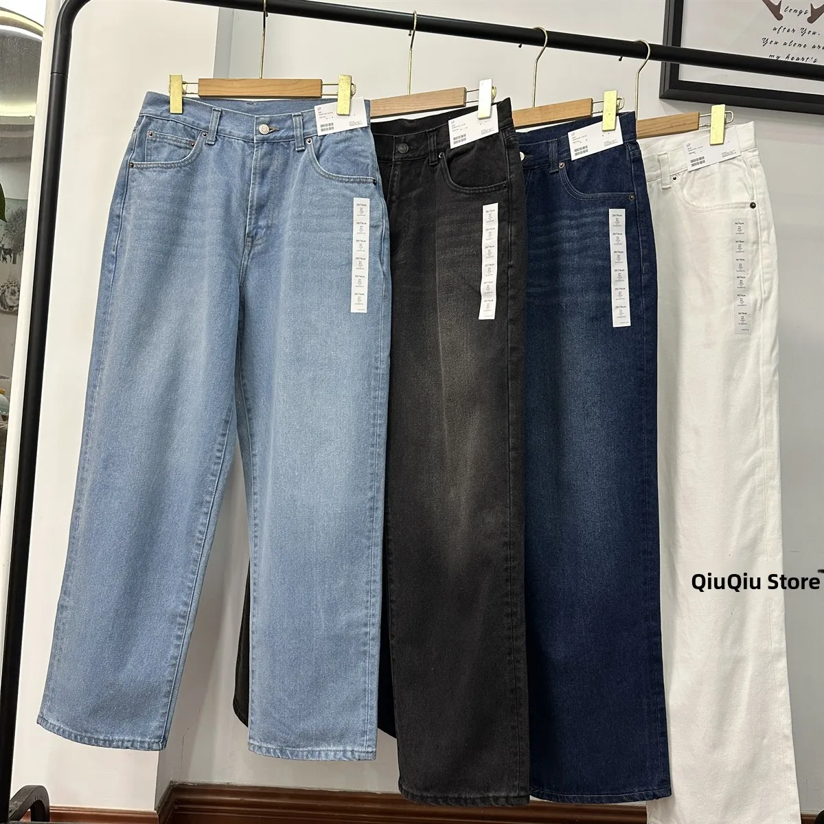 

Loose Straight Leg Cotton Jeans Men's High Waist Water Washed Pure Color Button Closure Casual Comfortable Spring Jeans