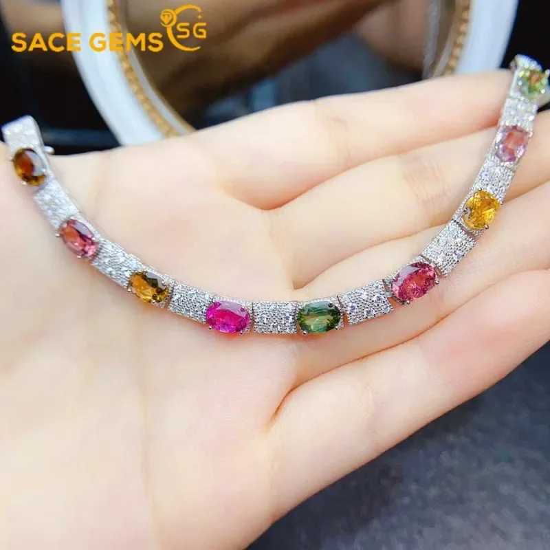 SACE GEMS New Certified 5*7mm Natural Tourmaline Bracelets 925 Sterling Silver for Women Engagement Party Fine Jewelry Gift