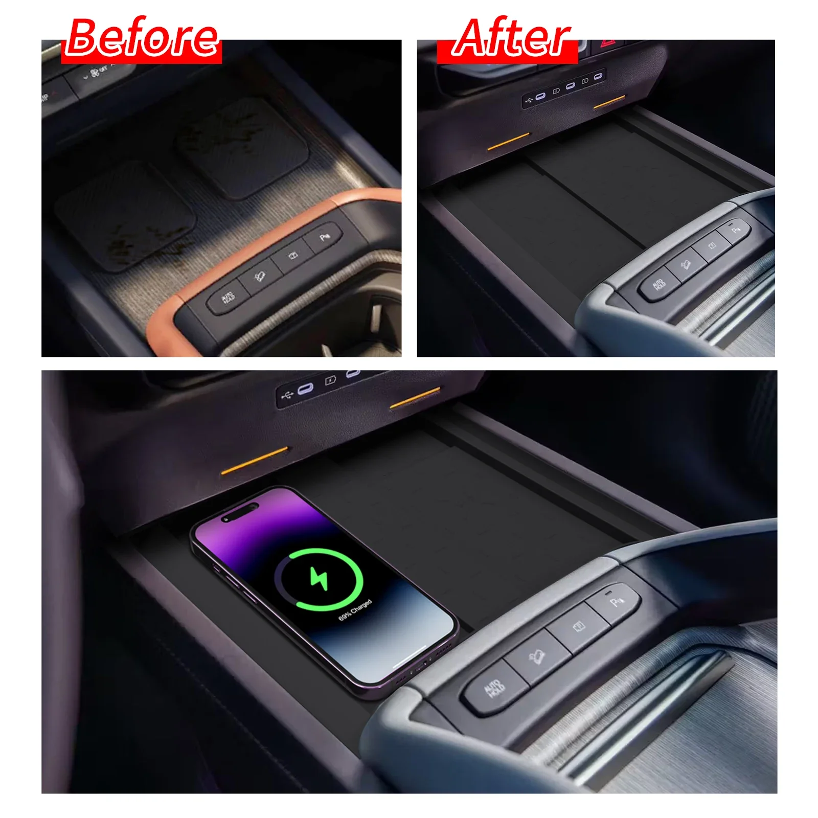 For Kia Telluride 2027+ (2nd Gen) Car Anti Dirt Pad Silicone Mobile Wireless Charge Anti-Slip Mats Interior Accessiories Black view 3