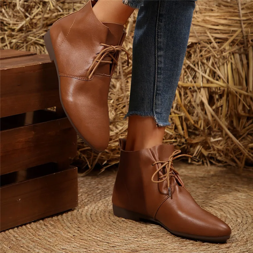Mixed Colors PU Leather Ankle Boots Women Autumn Pointy Toe Lace Up Casual Shoes Comfort Ladies Work Short Botas Plus Size 35-43
