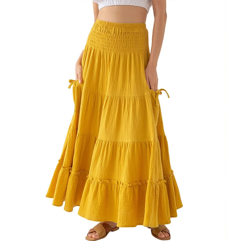 

Johnature 2024 Summer New Simple Long Cotton Women Skirts Casual All Match Elastic Waist Solid Color Loose A-Line Pockets Skirts