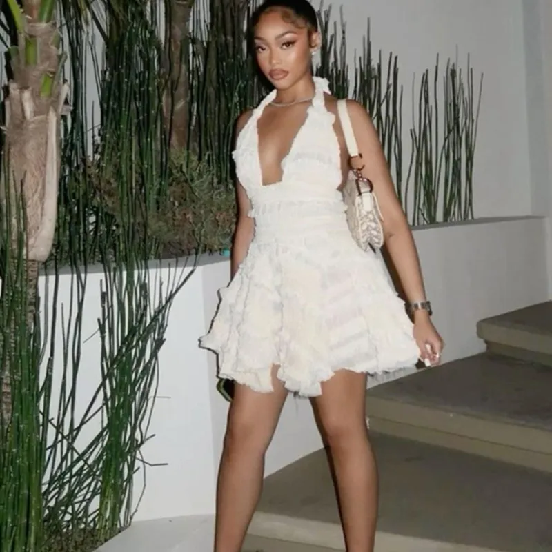 Ladies Beige Slim Fit Sexy Low Cut  Halter Neck Party Club Dresses Fashion Bodycon Stretchy Backless Ruffled Mini Dress