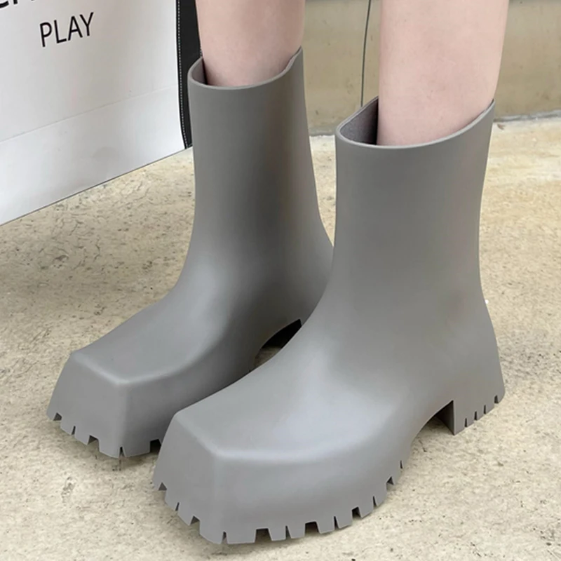 Brand Designer Rain Boots Women Non-slip Square Toe Fashion Short Shoes Female New 2025 Straight Waterproof Platform Women Boots