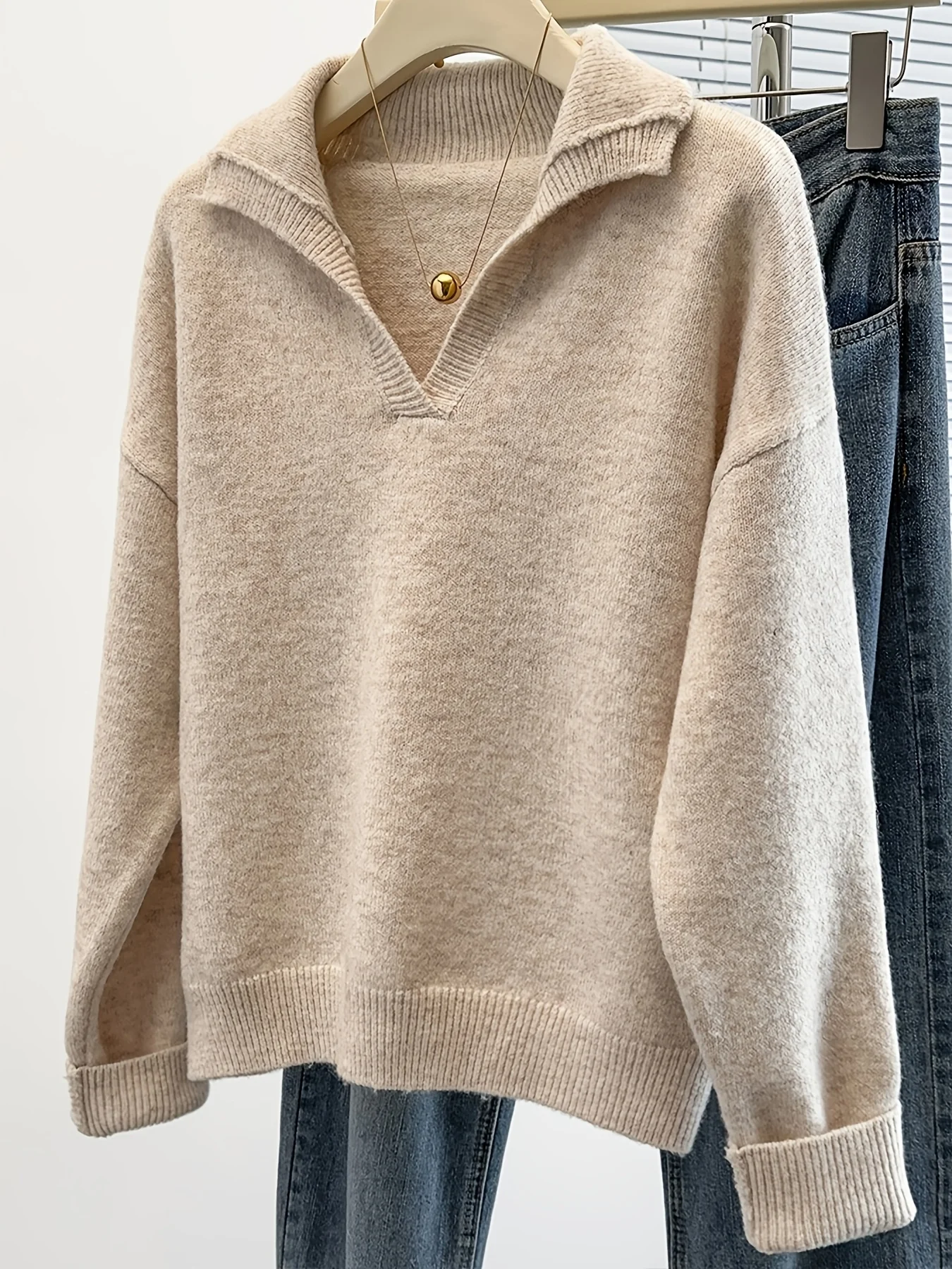 2026 Autumn Winter Women Lapel V‑Neck Loose Solid Sweater Soft Knitted Pullover Casual Daily Commuter Long Sleeve Knit Top