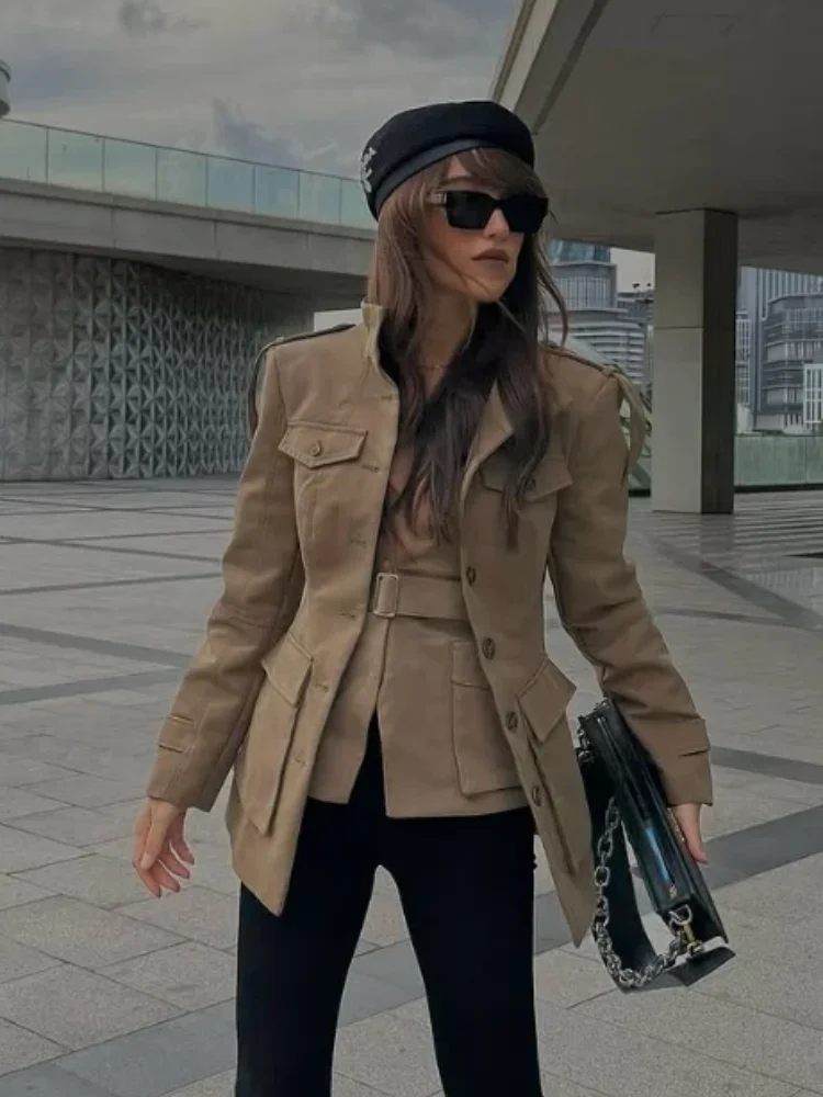

Винтажная женская куртка цвета хаки с воротником-стойкой, однобортное пальто с тонкой талией и карманами, длинными рукавами, осень 202, женская верхняя одежда для поездок на работу