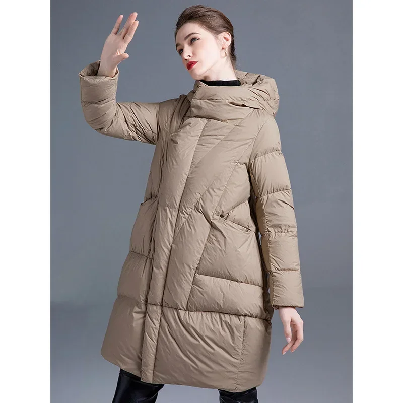 Loose Silhouette Down Coats Women Hooded 2024 Winter Hidden Button Thickened Slimming White Duck Jacket Fashion Commuter Style