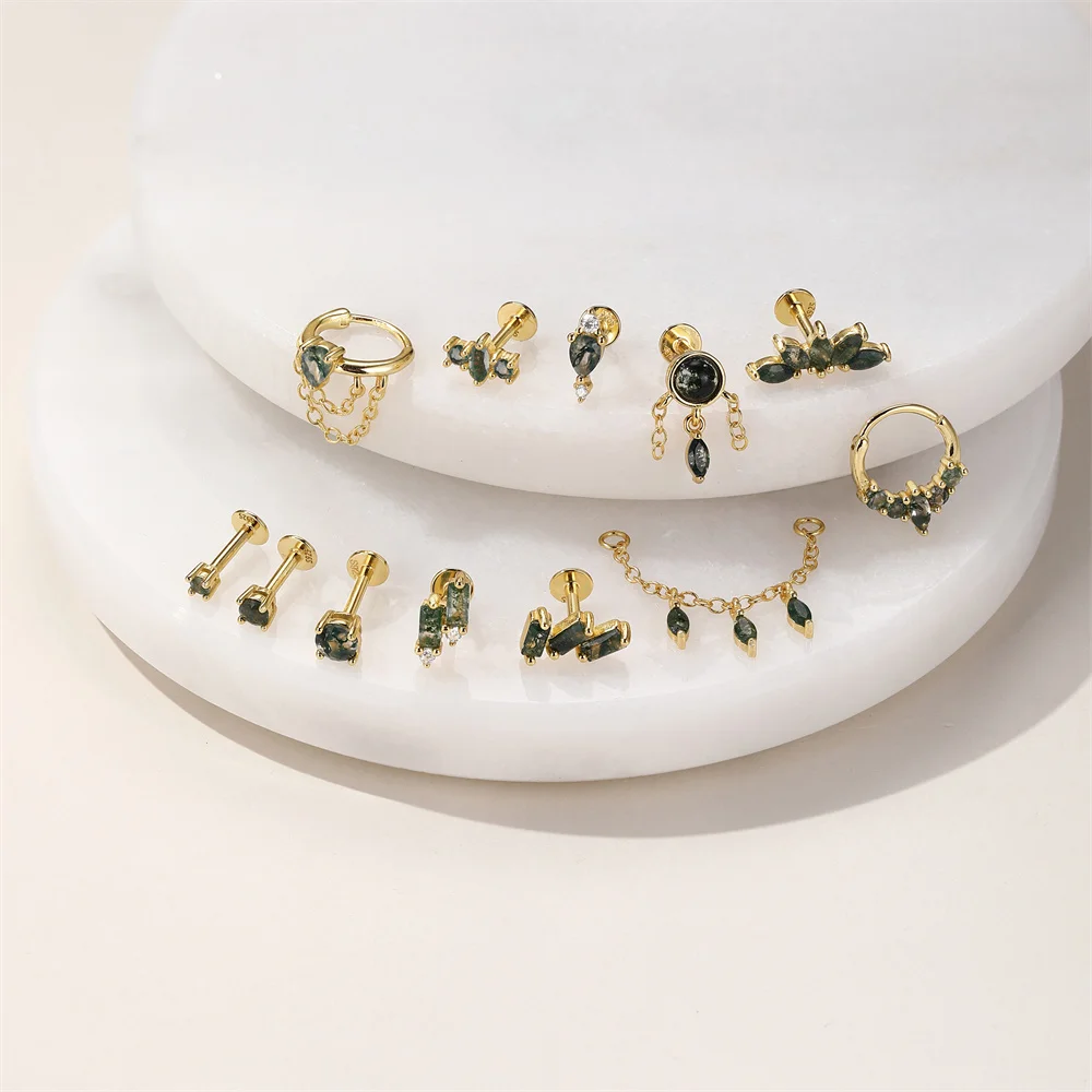Canner Pendientes de tuerca para piercing de hueso del oído de cabeza plana de ágata de musgo natural chapada en oro de plata de ley S925 con clip para lóbulo de oreja