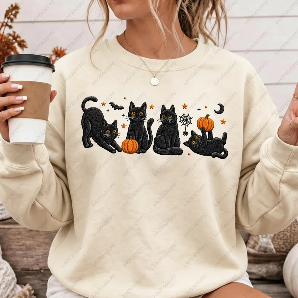 Cute Black Cats Pumpkin Graphic Sweatshirt Women Autumn Halloween Bat Spider Web Print Loose Casual Pullover Y2K Apparel