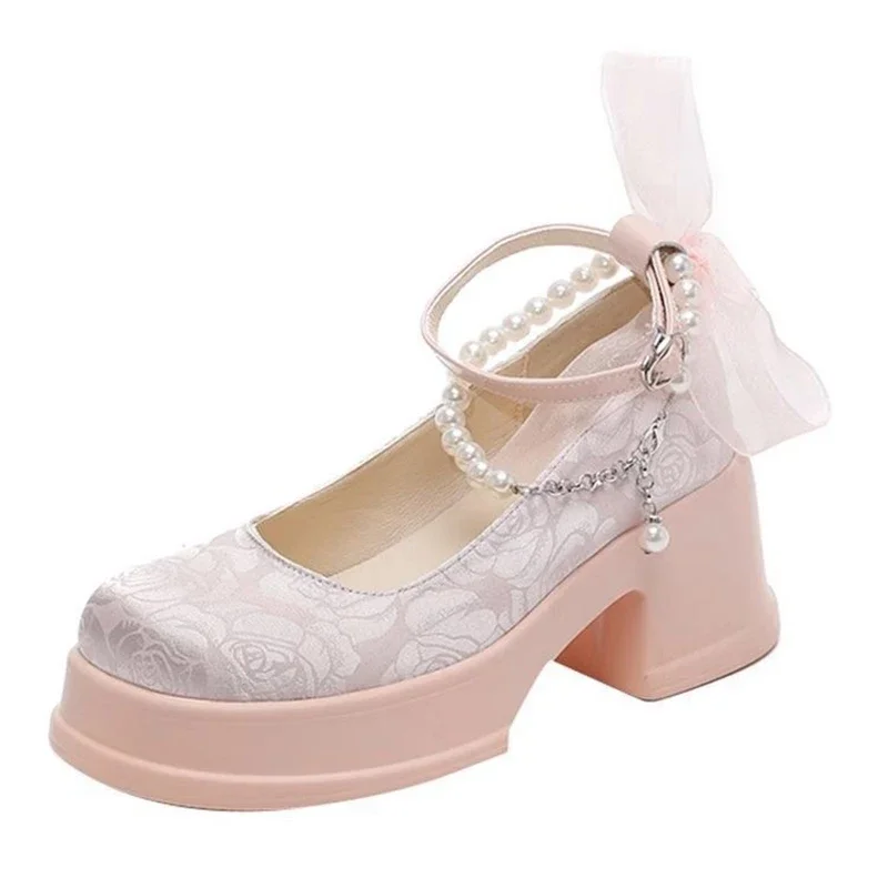 

Retro Platform Mary Janes Shoes for Women Lolita Heels Students Pearls Ankle Strap Embroidery Womens Shoes Preppy Princess Shoes