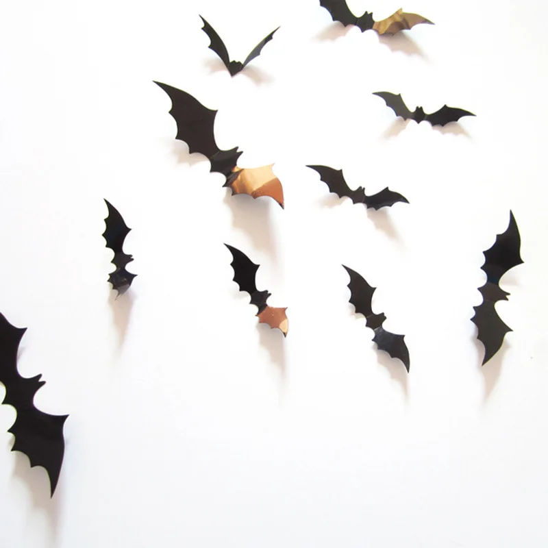 Autocollant mural chauve-souris en PVC noir, 12 pièces/paquet, décoration de Bar, fête d'halloween, scène d'horreur et de frisson