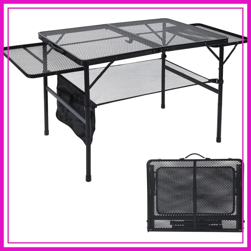 

3x2 FT Folding Grill Table with 2 Wing Panels, Height Adjustable Camping Table, Mesh Desktop, Portable Outdoor Furniture for BBQ, Picnic, Beach