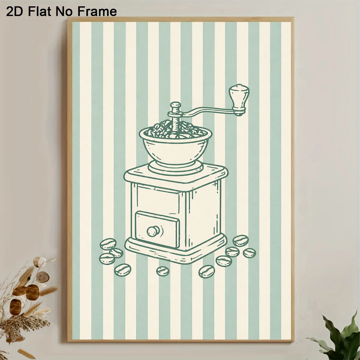 2D Flat, 2D Flat, 1pc Frameless Canvas Poster, Vintage Coffee Grinder with Coffee Beans Illustration on Retro Mint Striped Ba