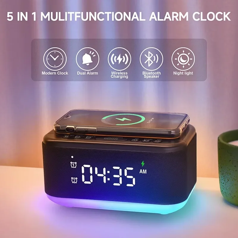 Custom Home Bedside Hotel Wake Up RGB LED Night Light 15W Wireless Charger Digital Alarm Clock Speaker Bluetooth