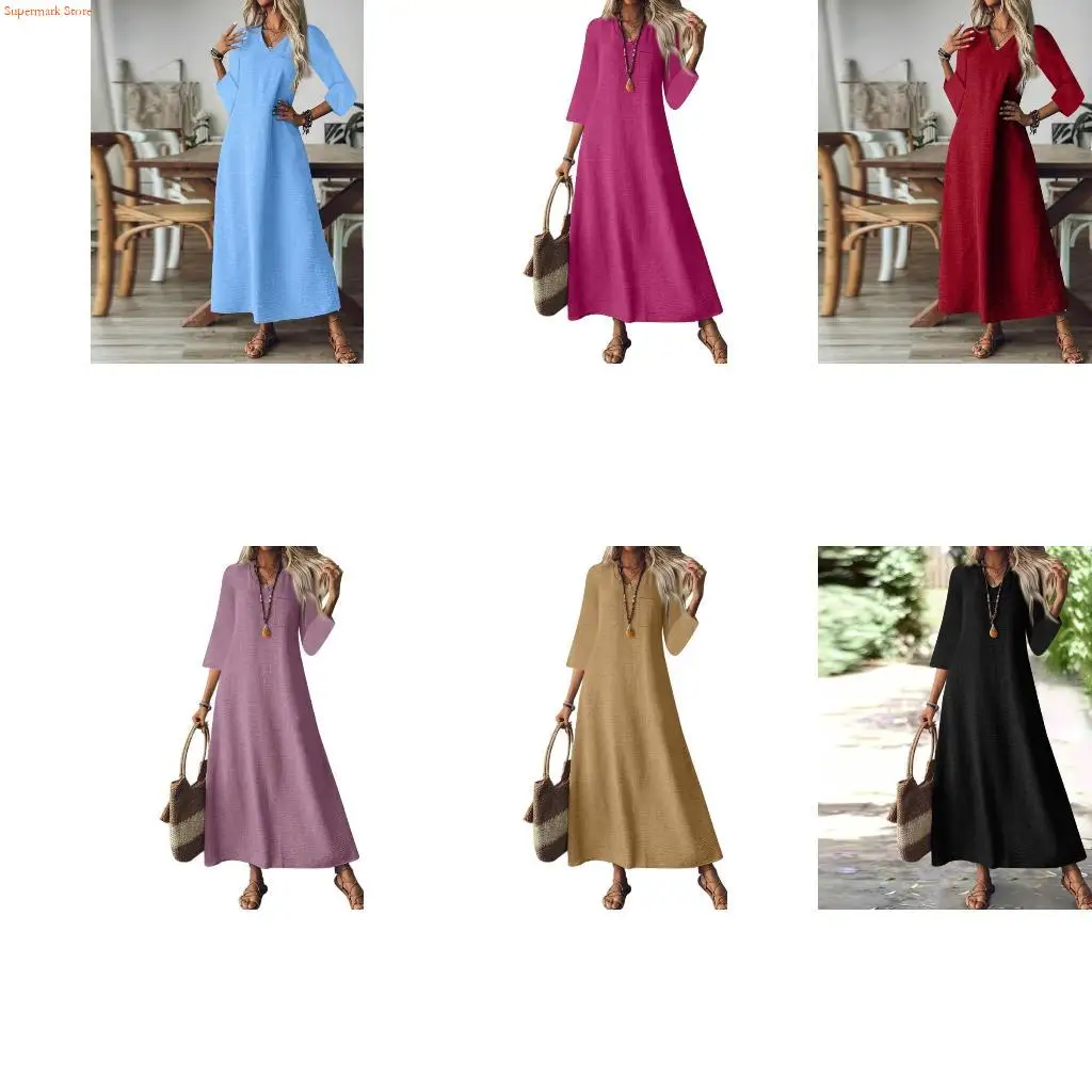 W0YA Vestido largo lino con cuello en V y manga cuartos para mujer, vestido lencero largo color liso