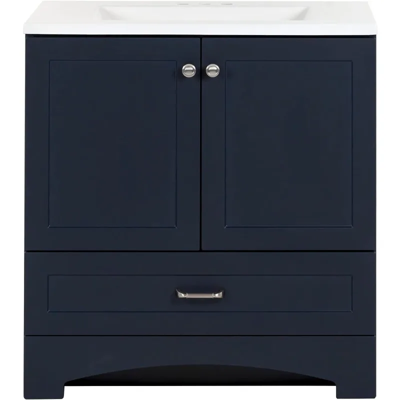 Muebles de molinillo de resorte Emlyn, tocador de baño de 30 pulgadas con tapa de lavabo individual blanca, mueble de 2 puertas, 1 cajón