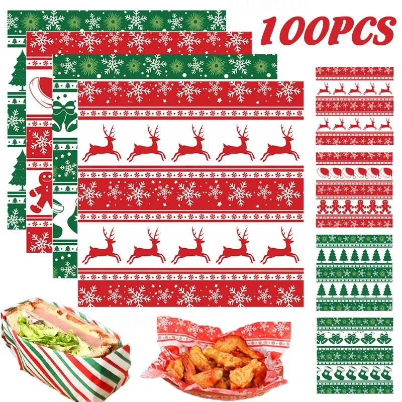 100Pcs Christmas Wax Paper Food Wrappers for Bread Cake Burger Fries Baking Party Supplies Holiday Food Packaging Decor Tools